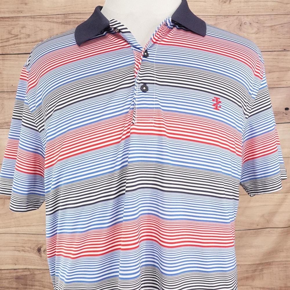 IZOD Golf Polo Shirt Mens XL Blue 100% Polyester Striped Jersey Knit Logo